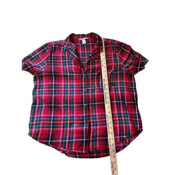 💖Victoria's Secret Red Plaid Button-Down Short Sleeve Shirt M Top - Picture 3 of 7